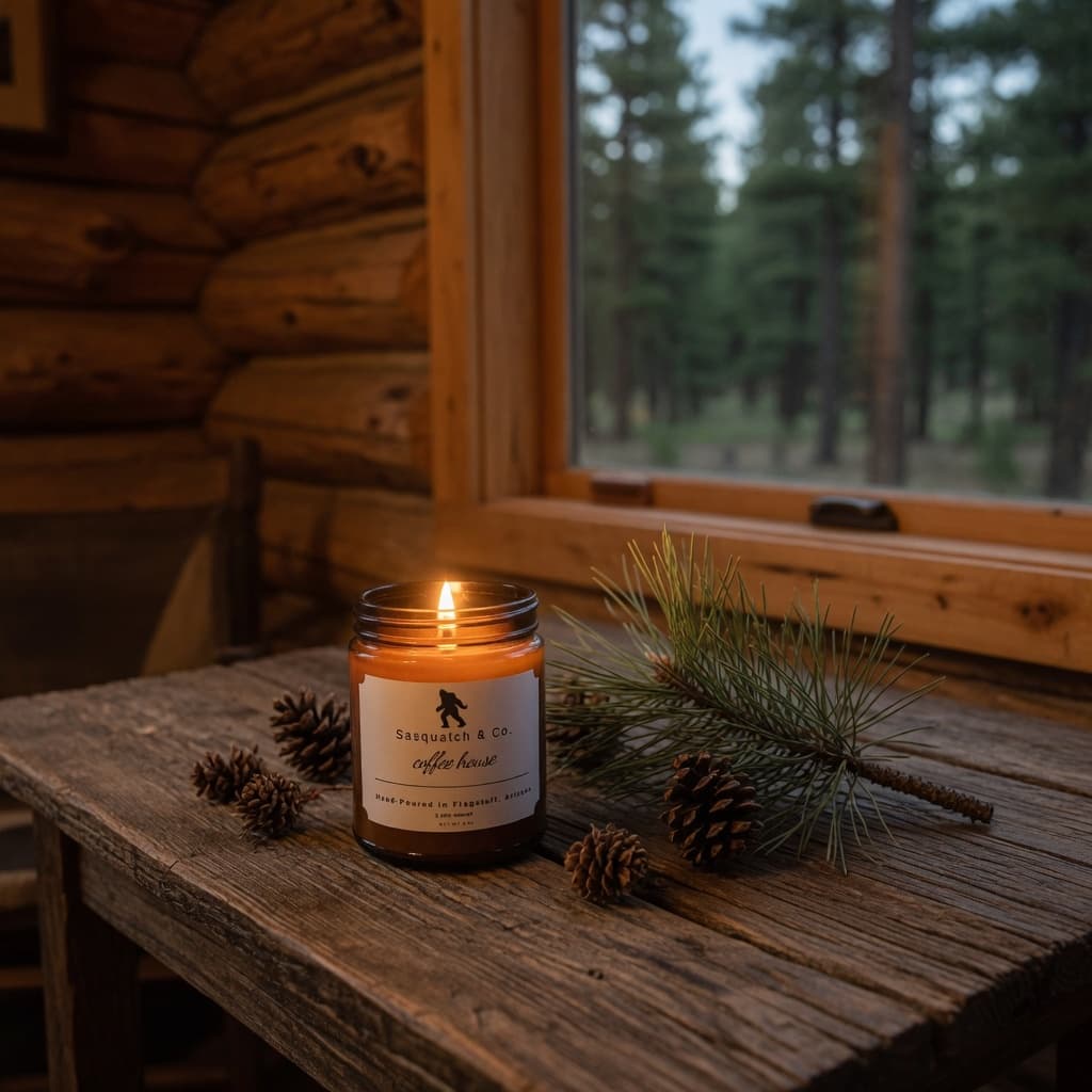 Lit Sasquatch & Co. Coffee House candle with real label on a Flagstaff cabin table