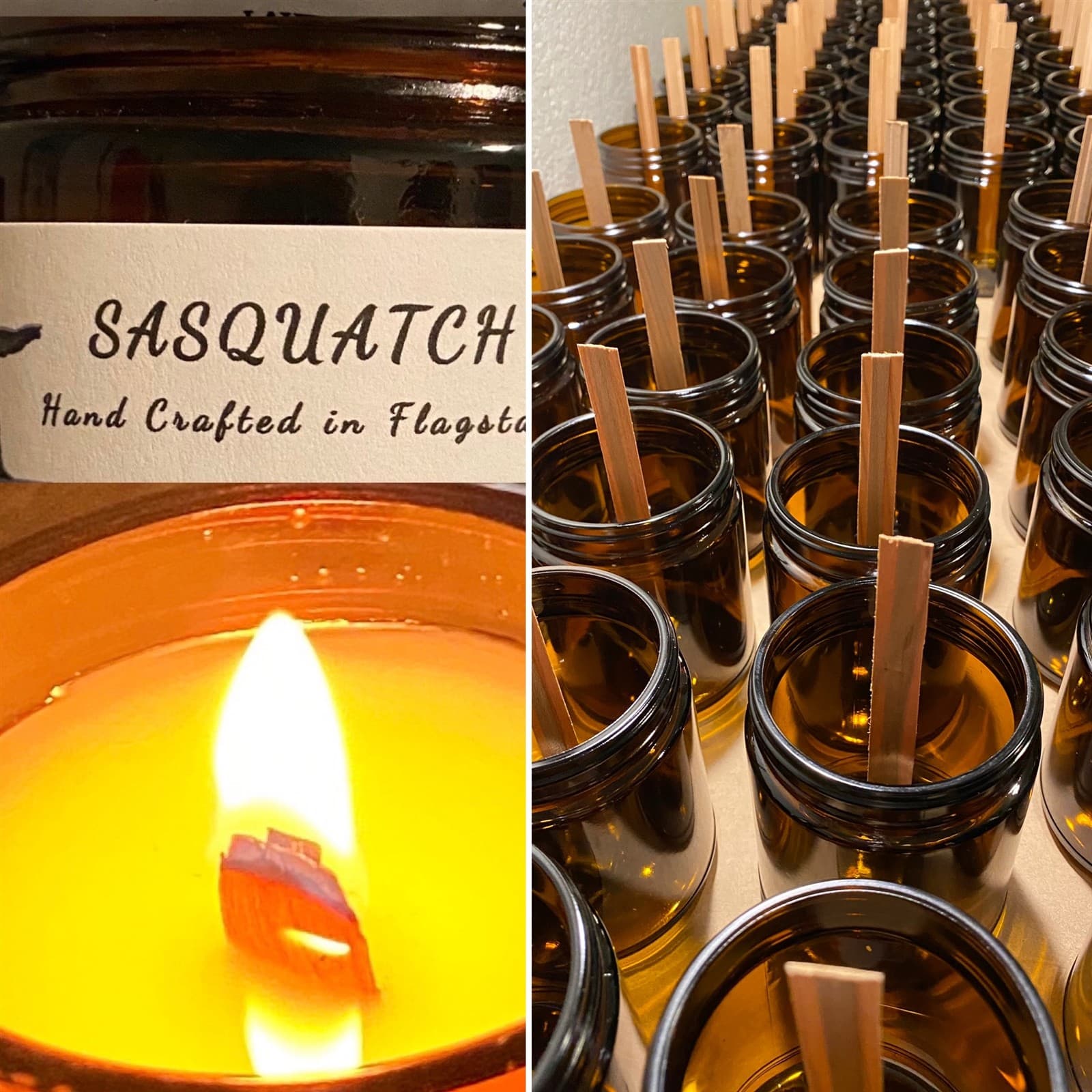 Rows of amber jars with wooden wicks being prepared in Flagstaff